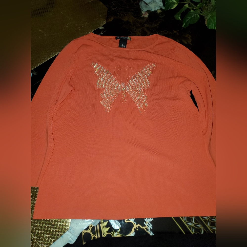 Sweaterworks Orange Butterfly Women's Knit Top
